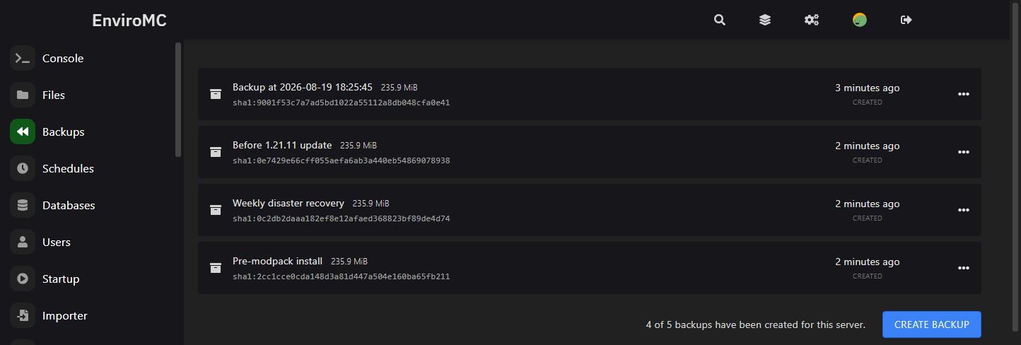 Backups in the EnviroMC control panel