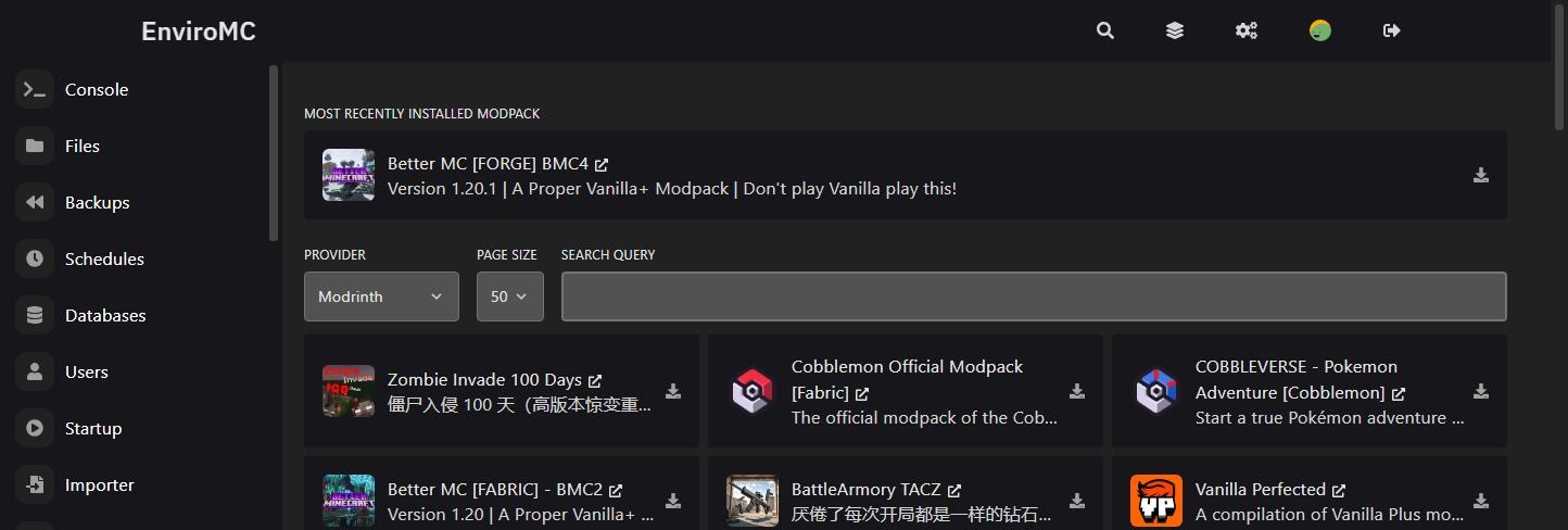 Modpack installer in the EnviroMC control panel