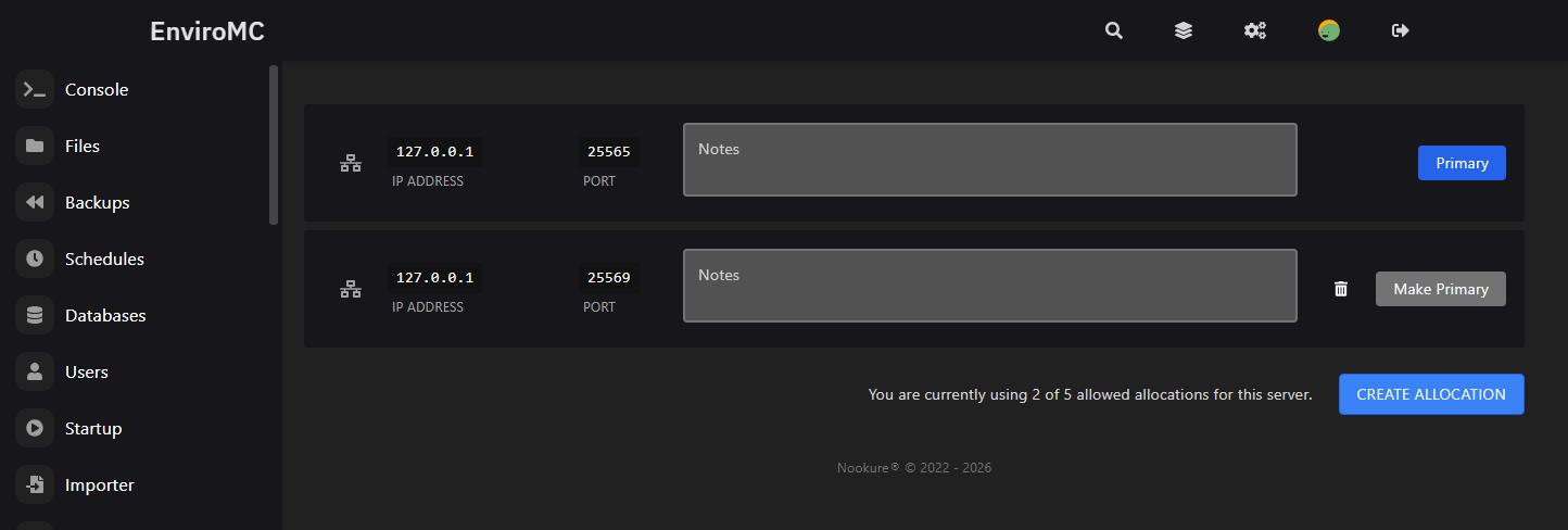 Port allocations in the EnviroMC control panel