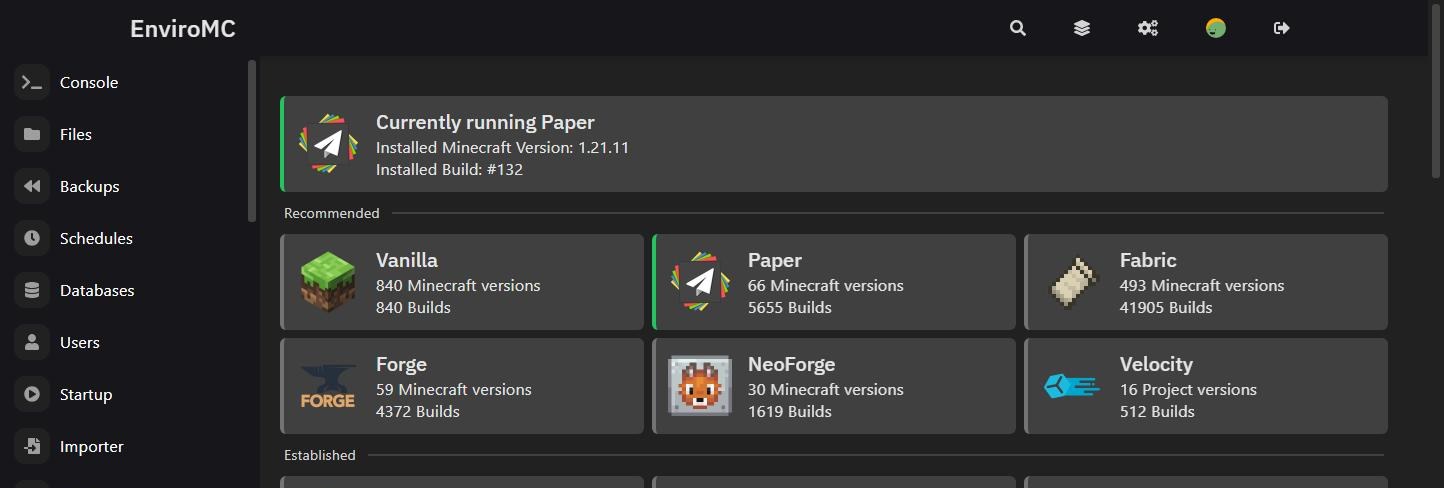 Version installer in the EnviroMC control panel